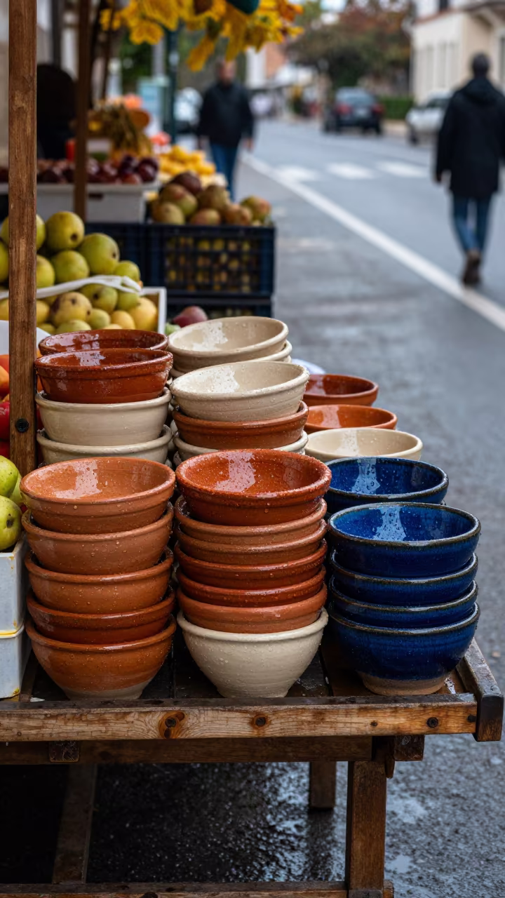 Wet Ceramic Bowls on Bari Market Cart After Rain in at a roadside fruit stand in Bari