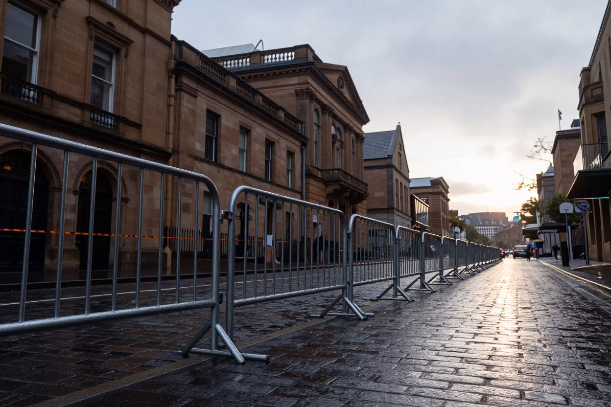 Wet Civic Barricades at Dawn in The Rocks Sydney in along barricaded protest routes in The Rocks, Sydney