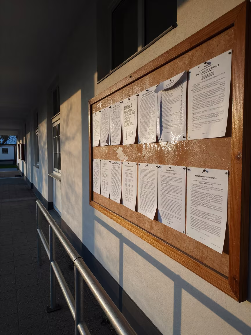 Wet Civic Notices on Courthouse Wall in in a courthouse corridor in Radom