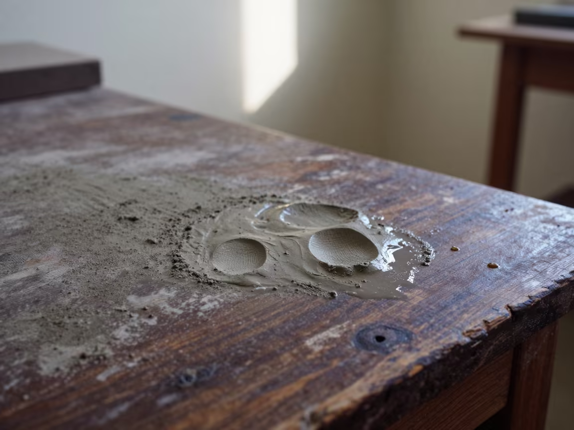 Wet Clay Fingerprint on Wooden Workbench in on a wooden workbench in Boston