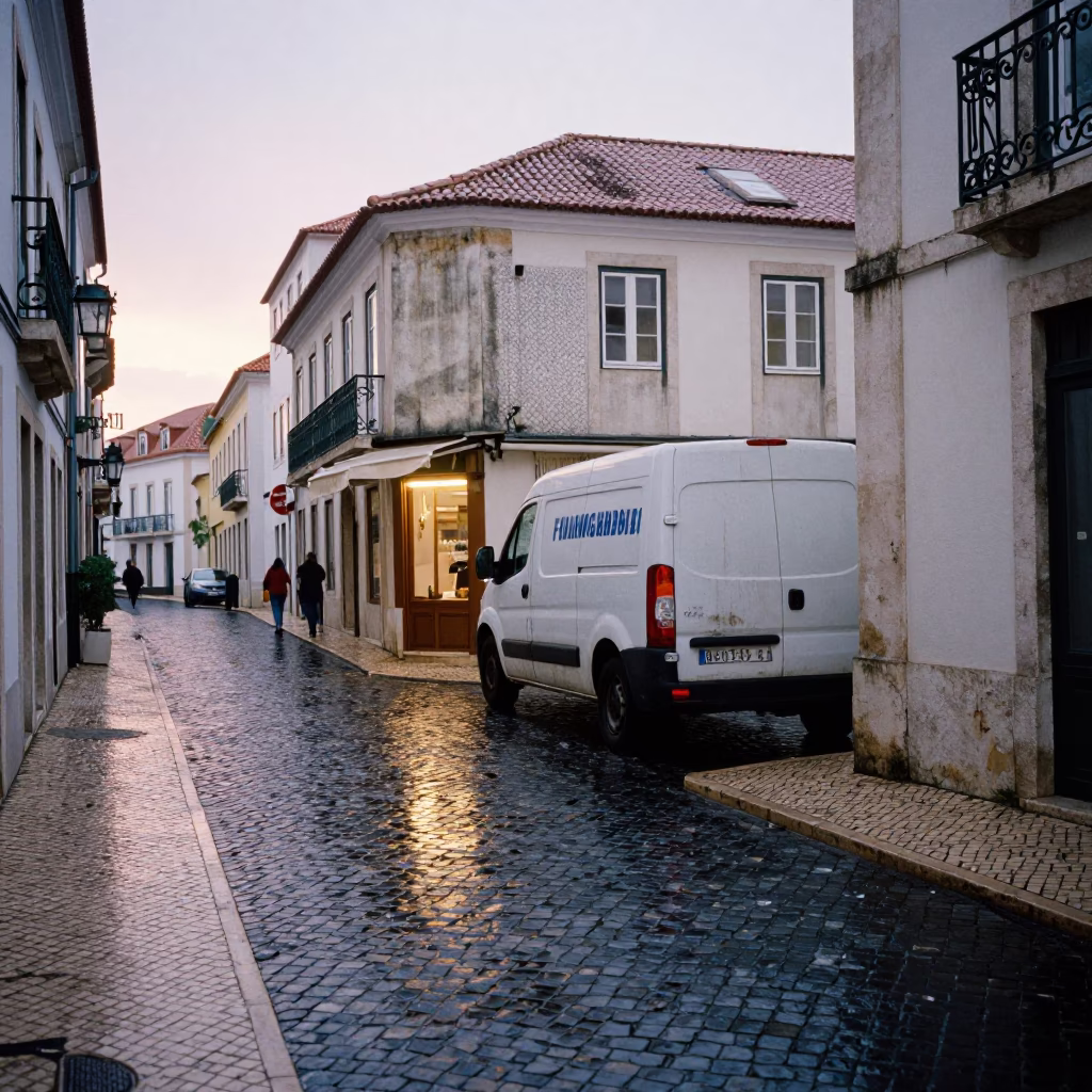 Wet Cobblestone Alley in Lisbon First Light After Rain in in Lisbon, Portugal