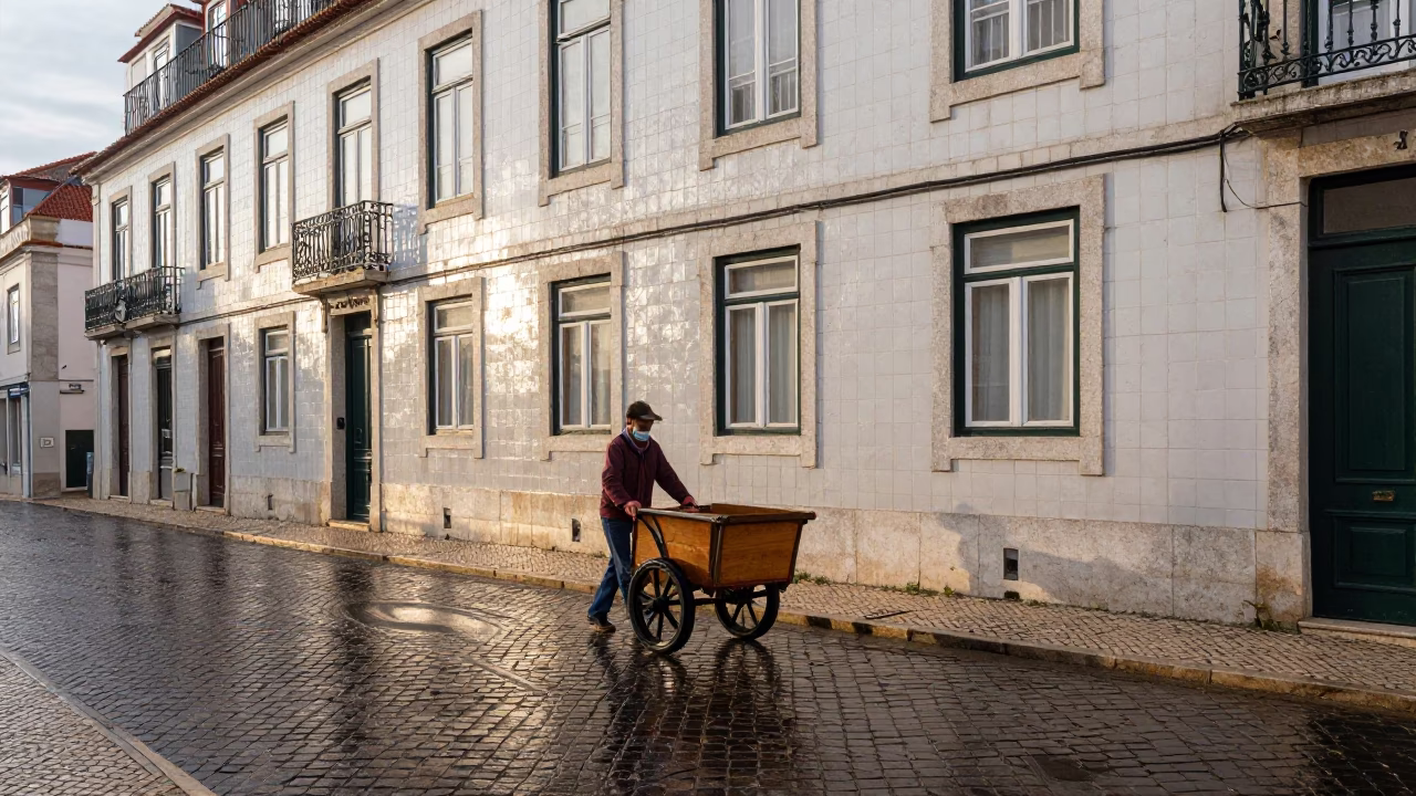 Wet Cobblestone Street in Lisbon Portugal First Light After Rain in in Lisbon, Portugal