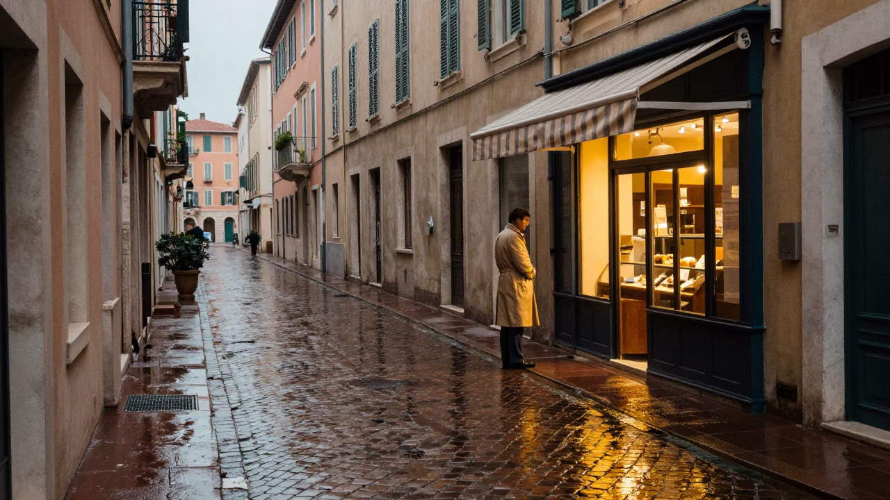 Wet Cobblestone Street Reflections and Rainy Morning in Nice France in in Nice, France