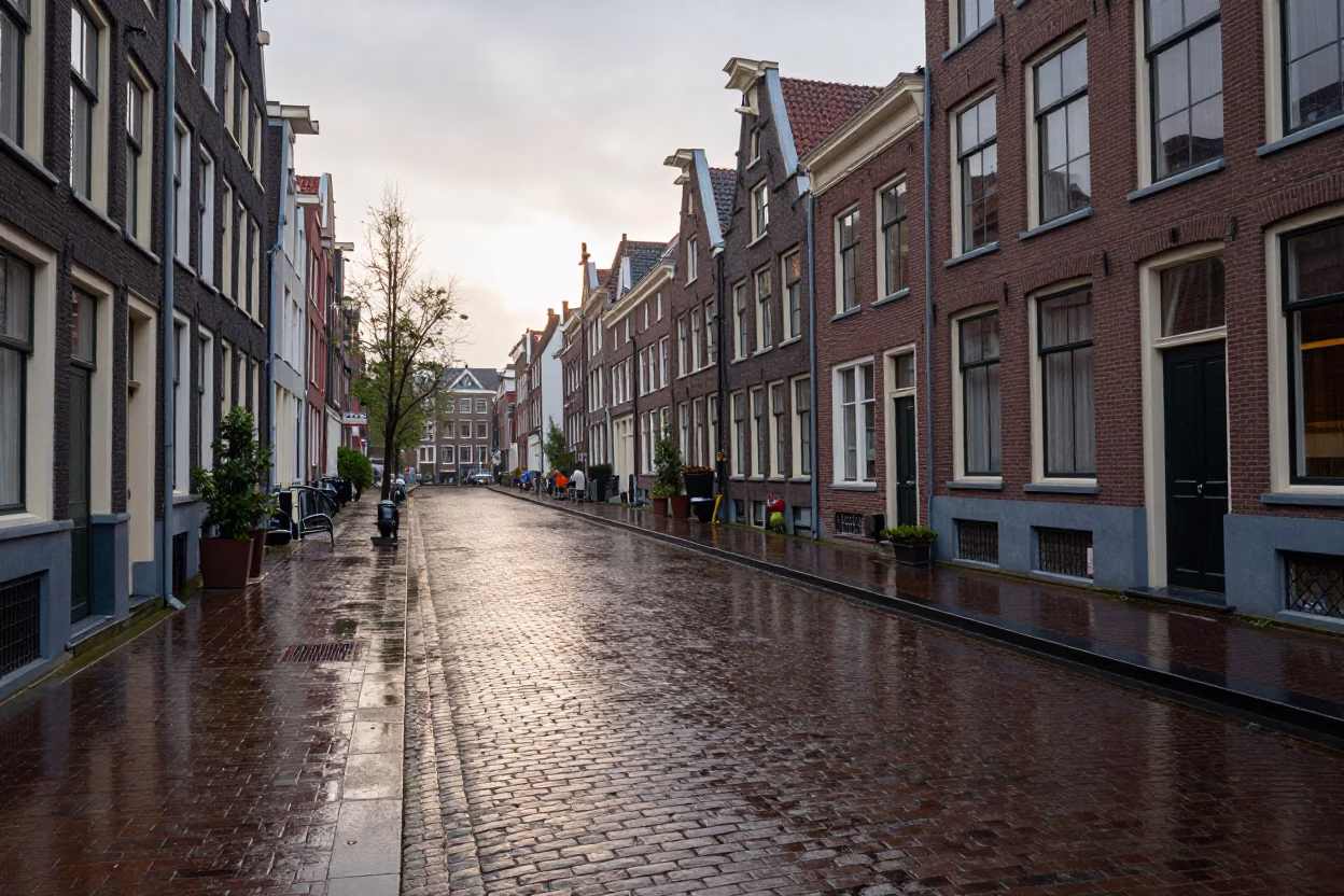 Wet Cobblestone Street Scene in Amsterdam After Morning Rain in in Amsterdam, Netherlands