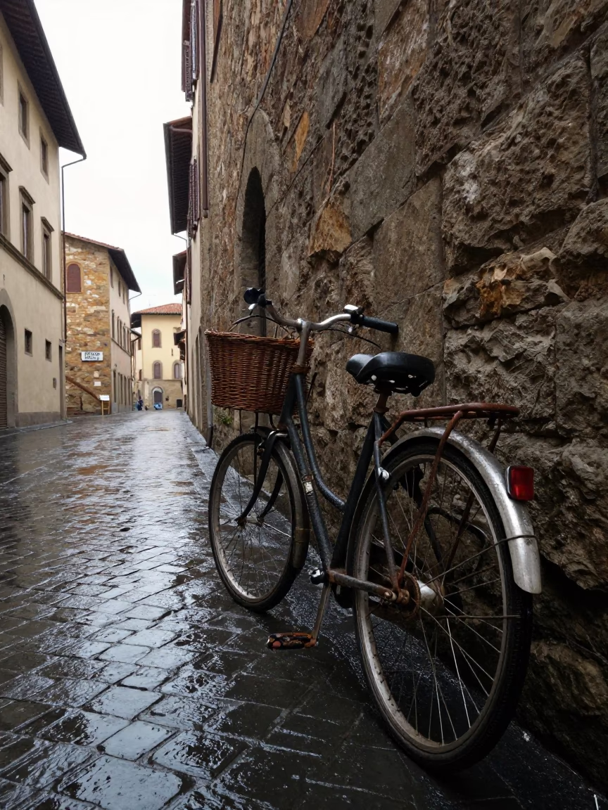 Wet cobblestones and bicycle in Florence first light after rain in in Florence, Italy