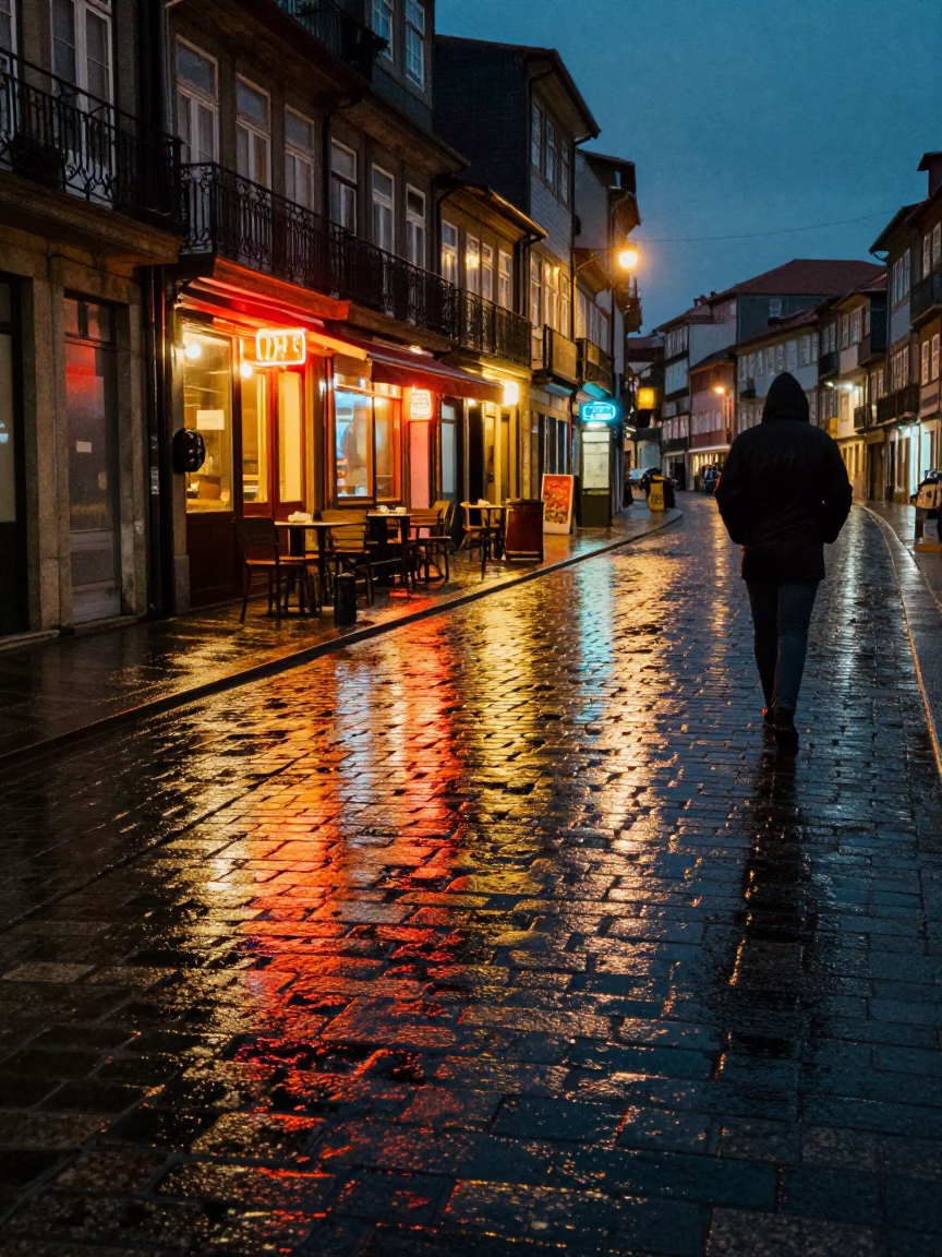 Wet cobblestones and neon reflections in Porto Portugal after dark in in Porto, Portugal