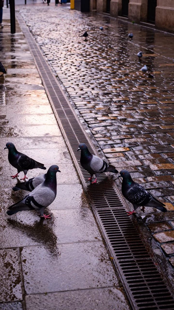 Wet Cobblestones and Pigeons in Morning Bilbao After Rain in in Bilbao, Spain