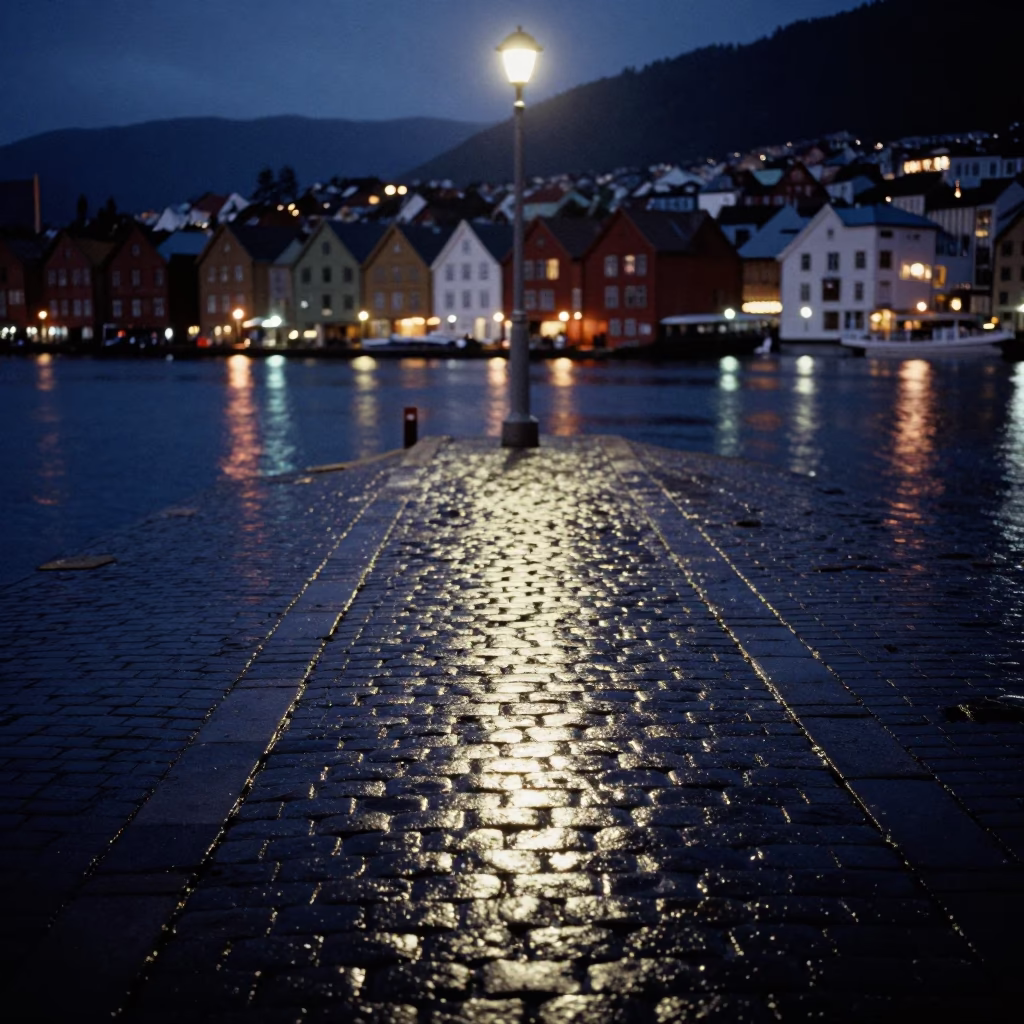 Wet Cobblestones at Late At Night Light in Bergen in in Bergen, Norway