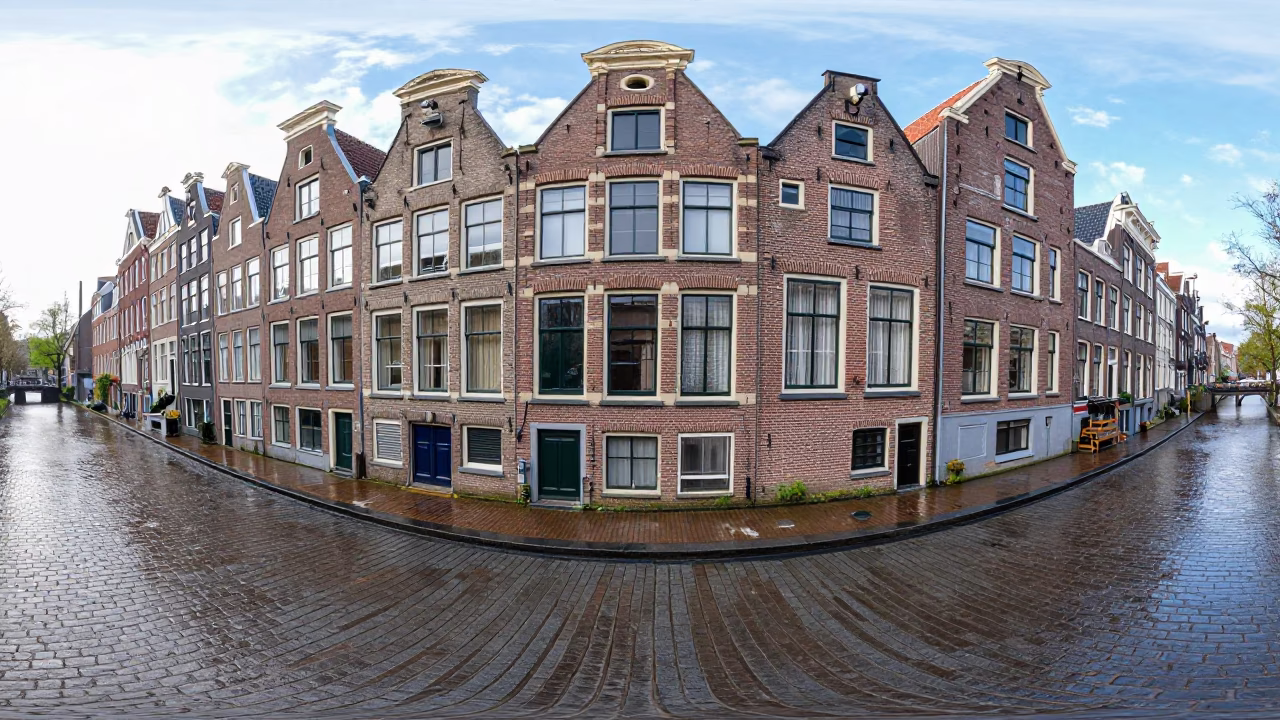 Wet Cobblestones in Amsterdam at Bright Midmorning Light in in Amsterdam, Netherlands