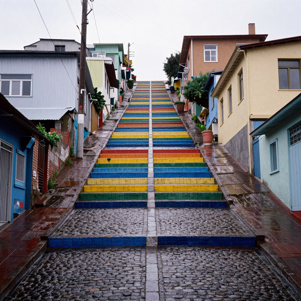 Wet Cobblestones in Valparaiso in in Valparaiso, Chile