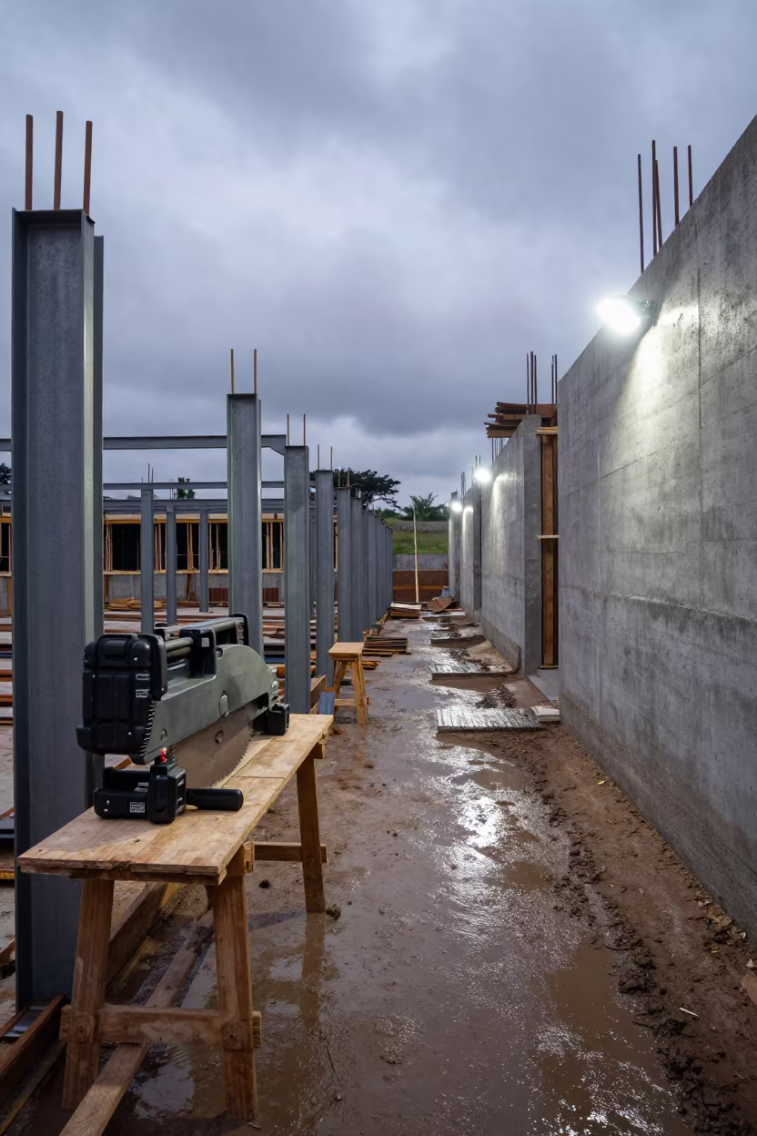 Wet Concrete Site Reflections Late Afternoon Brazil in beside a framed building shell in São Paulo state