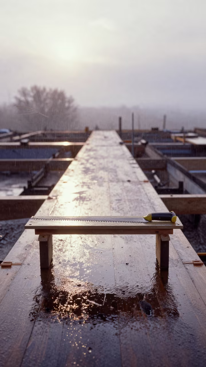 Wet Construction Deck at Dawn in Burgundy in on an active construction deck in Burgundy