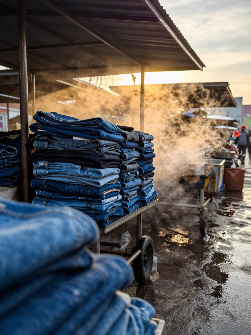 Wet Denim Cart Under Novosibirsk Market Canopy in under a market canopy in Novosibirsk