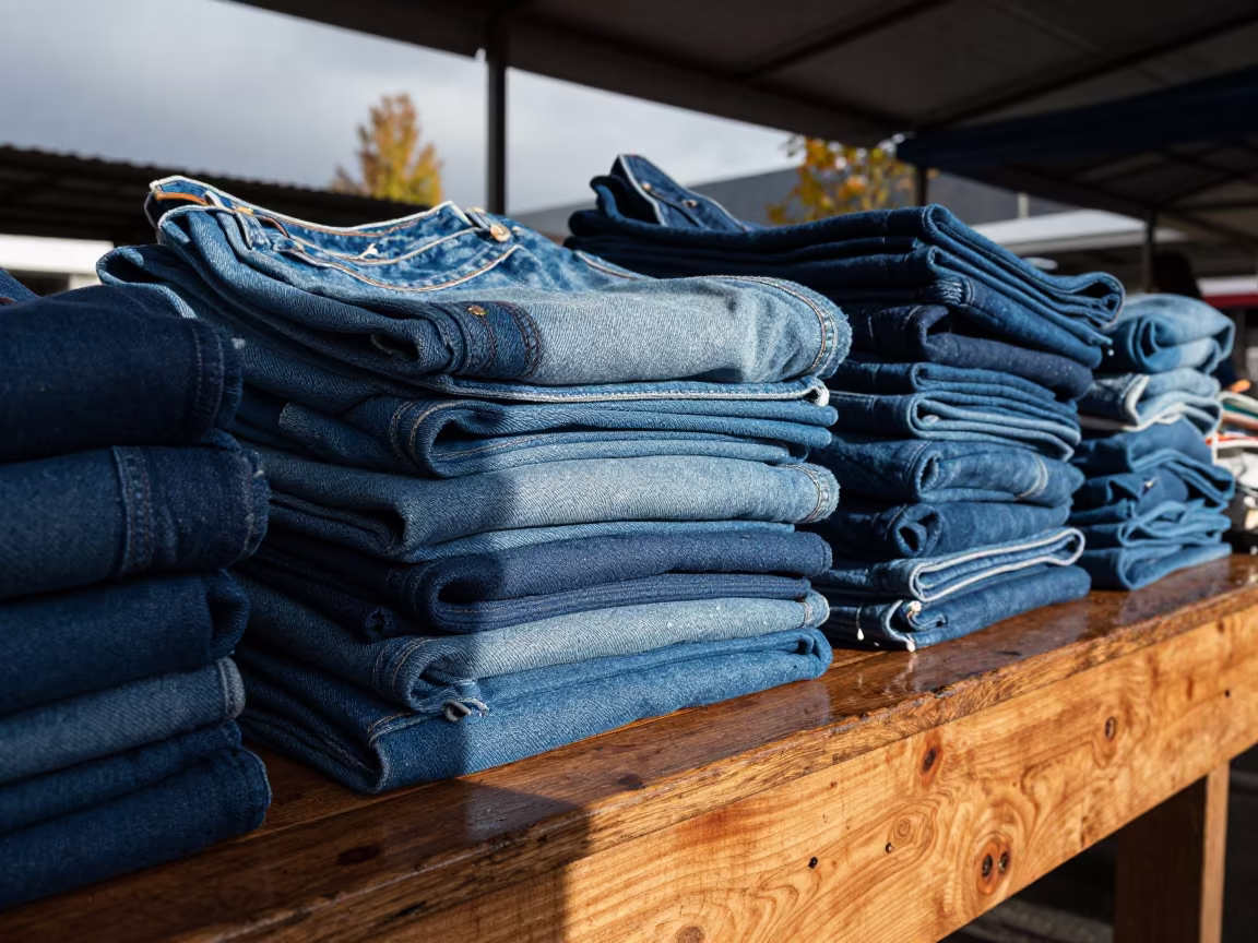 Wet Denim Folds Under Bariloche Market Canopy in under a market canopy in Bariloche