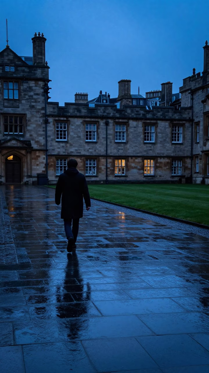 Wet Edinburgh University Cloister Flagstones Under Evening Blue Light Rain in in Edinburgh, United Kingdom