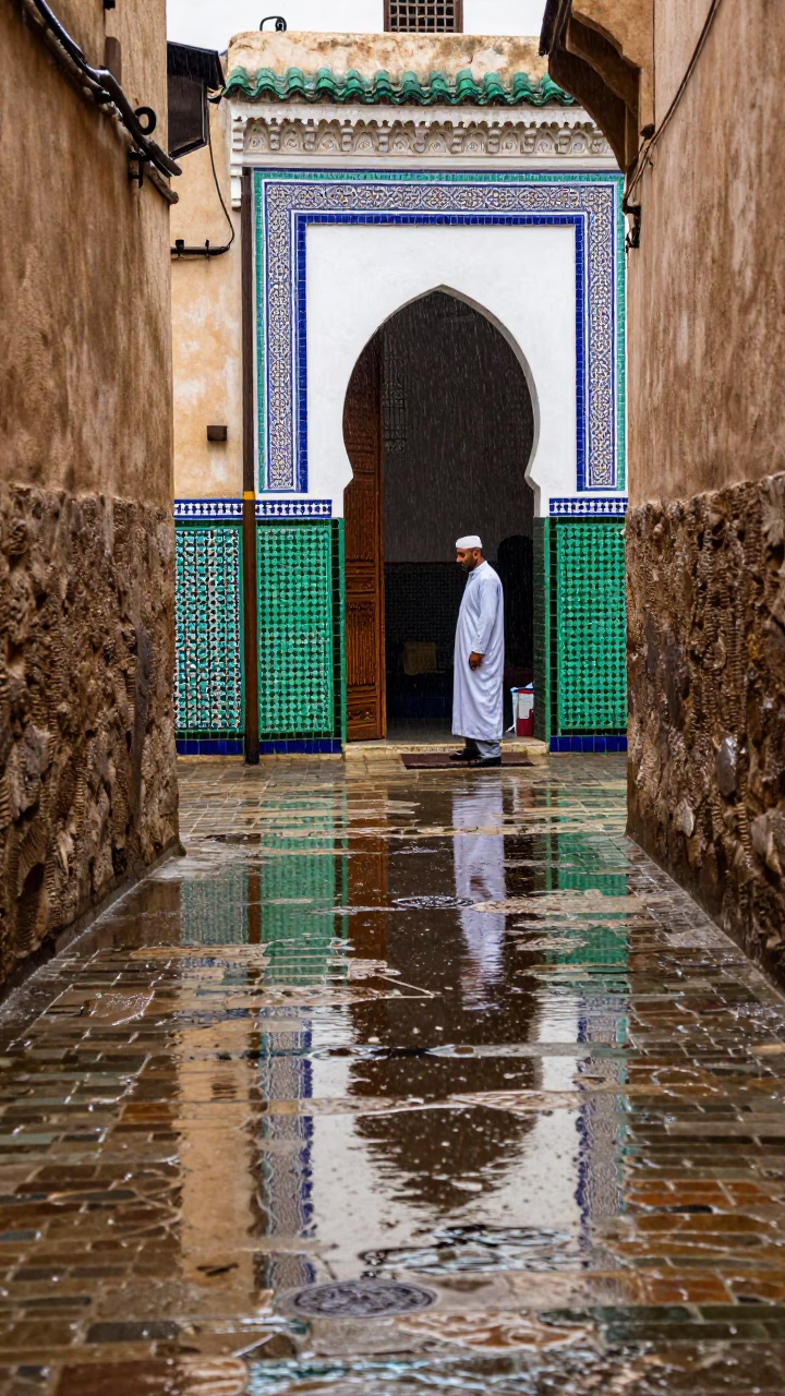 Wet Fez Alleyway Morning Rain Reflected on Colorful Ceramic Tiles in in Fez, Morocco