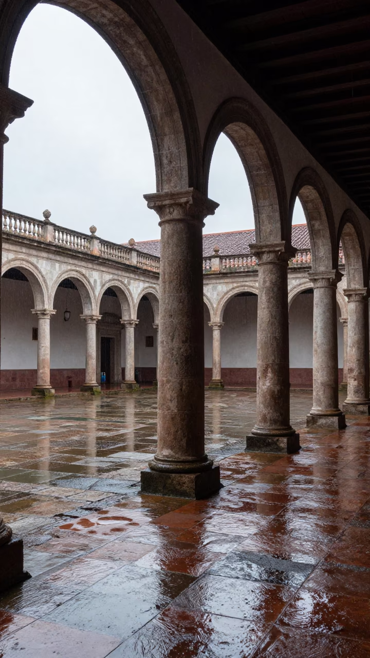 Wet Flagstones in Oaxaca University Cloister Afternoon Rain in in Oaxaca, Mexico