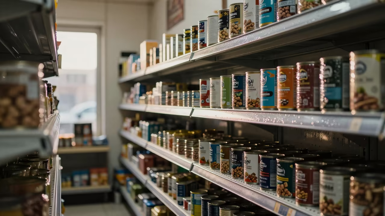 Wet Food Shelf in Winter Pet Store in inside a pet store aisle near Douma
