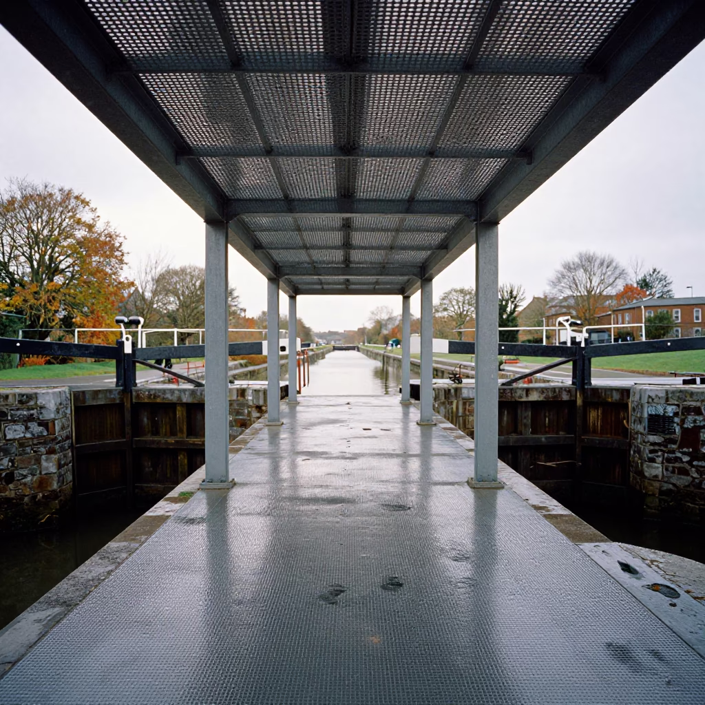 Wet Footprints on Perforated Overpass Irish Lock in at a canal lock chamber in Ireland