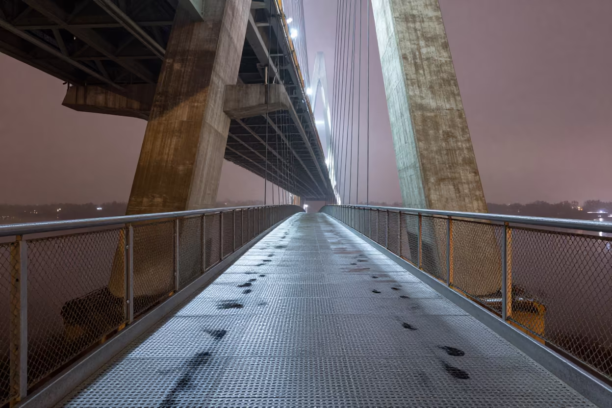 Wet Footprints on Perforated Overpass Under Bridge in under a cable-stayed bridge span in Arkansas