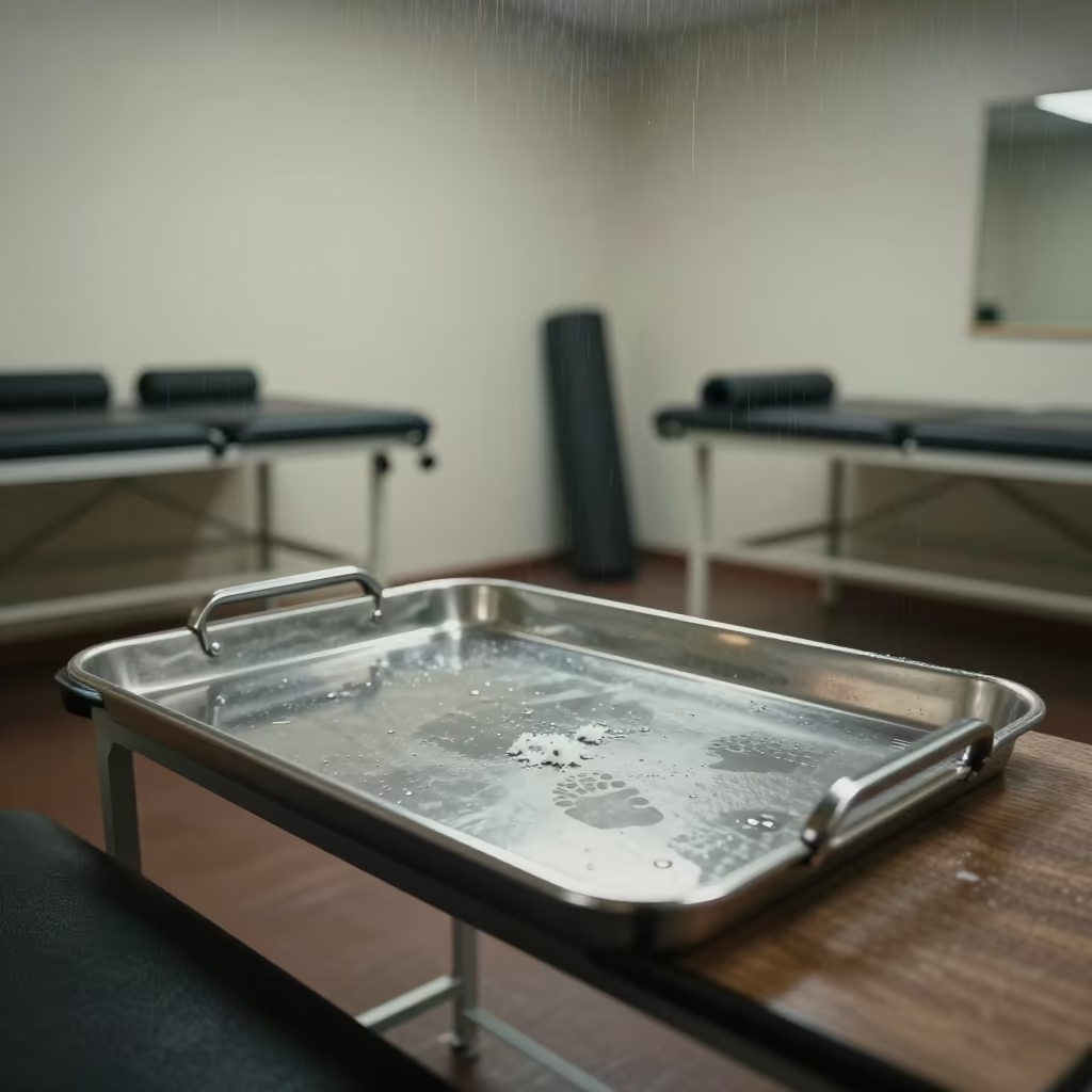 Wet Footprints on Pool Lane Rope Tray in inside a recovery lounge beside foam rollers in Kahama