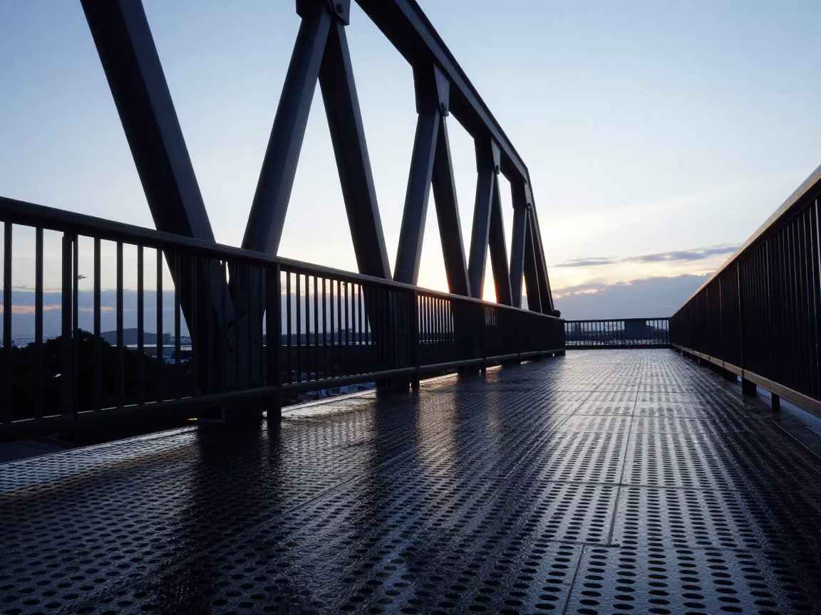 Wet Footsteps on Chubu Twilight Overpass in across a windy overpass interchange in Chubu