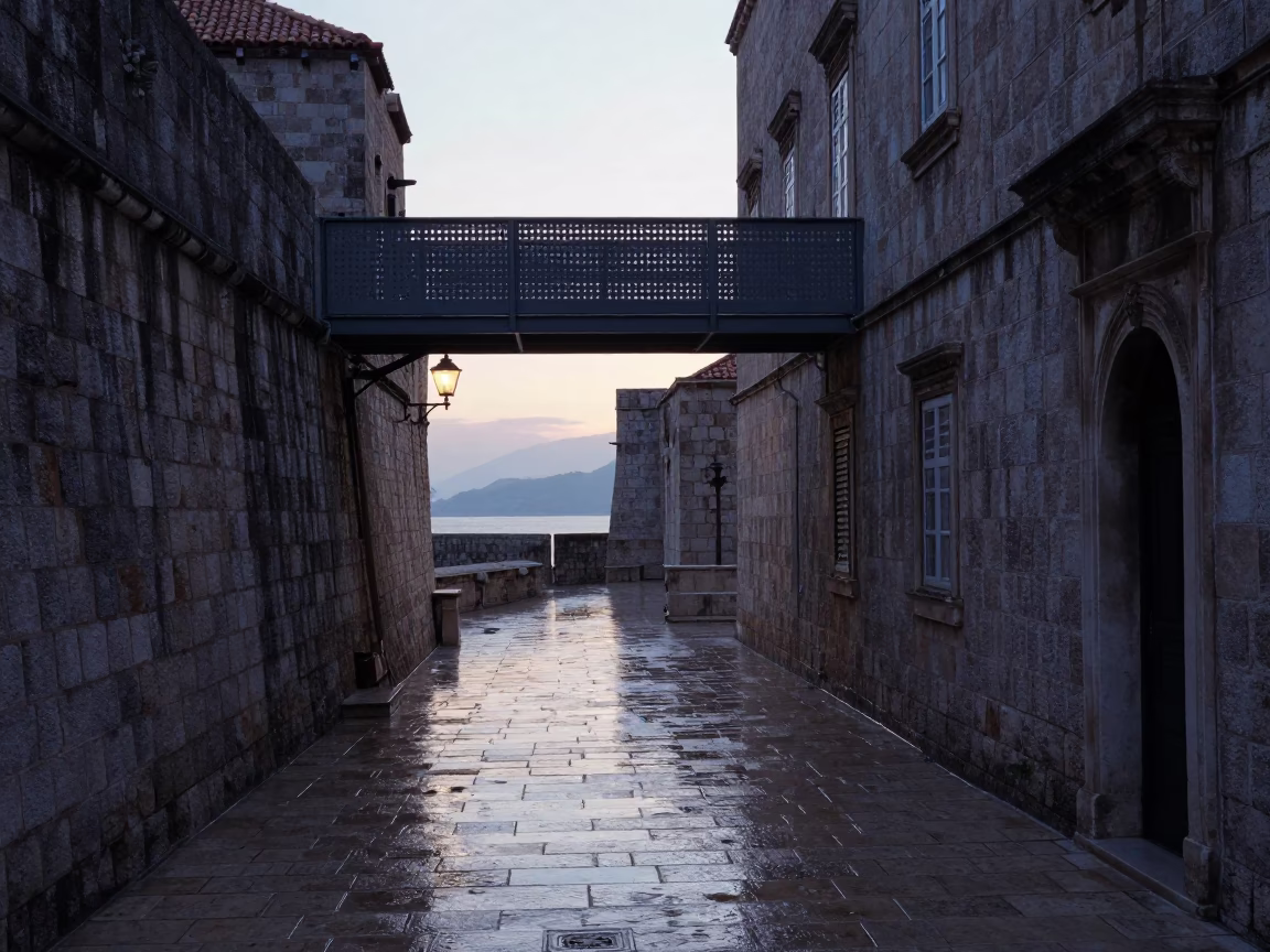 Wet Footsteps in Dubrovnik at Nautical Dawn Light in in Dubrovnik, Croatia