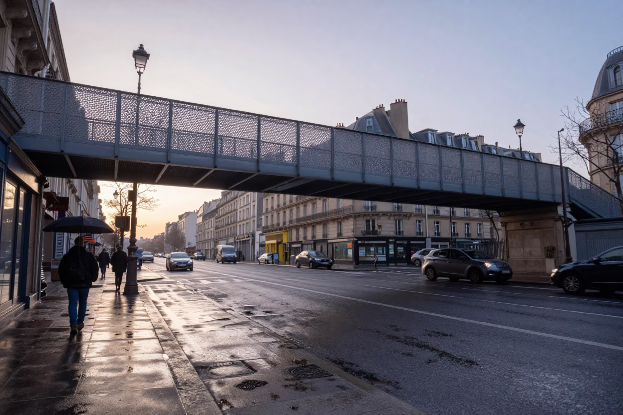 Wet Footsteps in Paris at First Light Of Dawn in in Paris, France