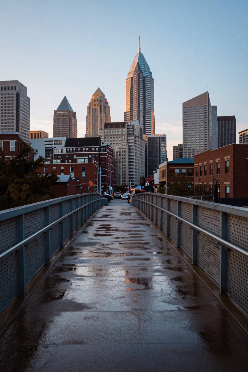Wet Footsteps in Philadelphia at First Light Of Dawn in in Philadelphia, Pennsylvania, United States