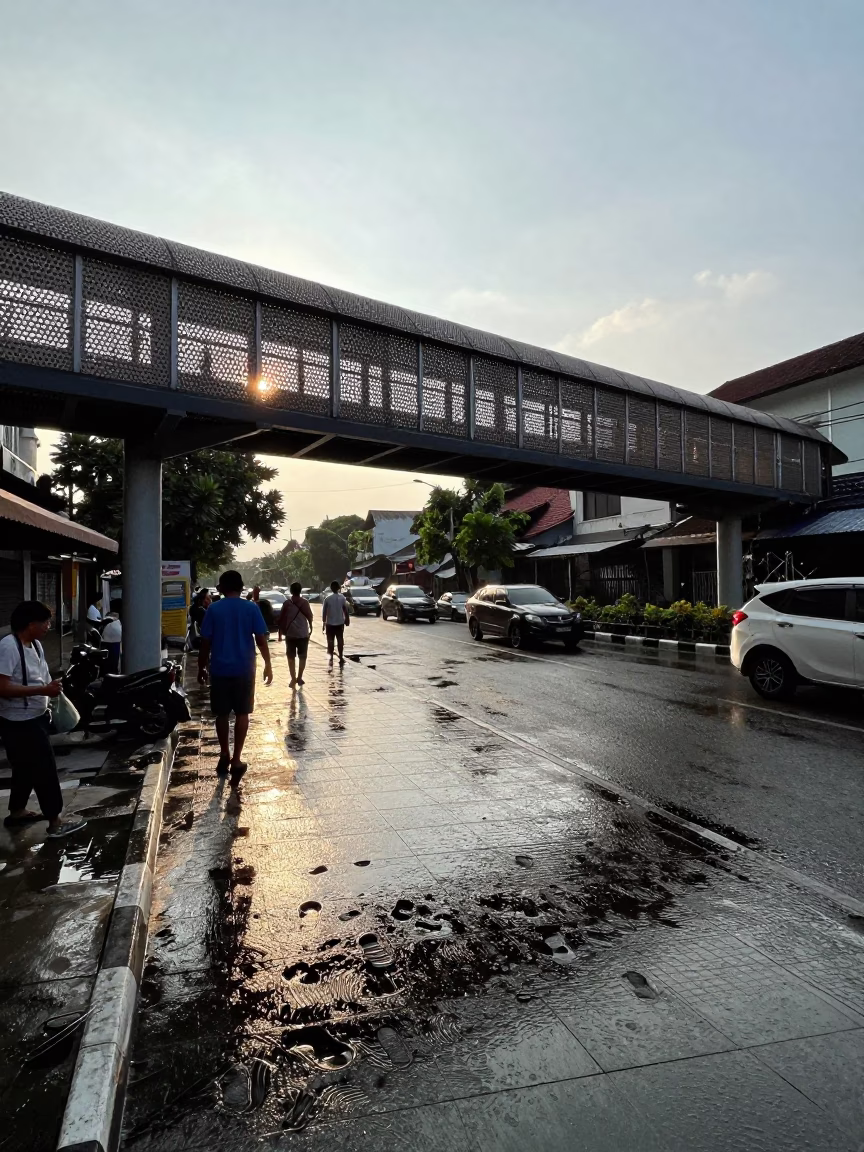 Wet Footsteps in Yogyakarta at Clear Late-afternoon Light in in Yogyakarta, Indonesia