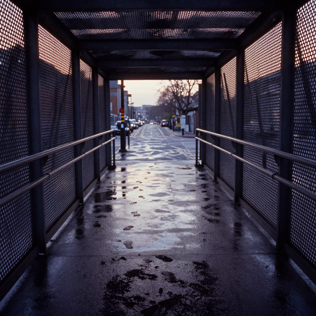 Wet Footsteps on Perforated Metal Pedestrian Overpass in Pre-Dawn Bristol United Kingdom in in Bristol, United Kingdom
