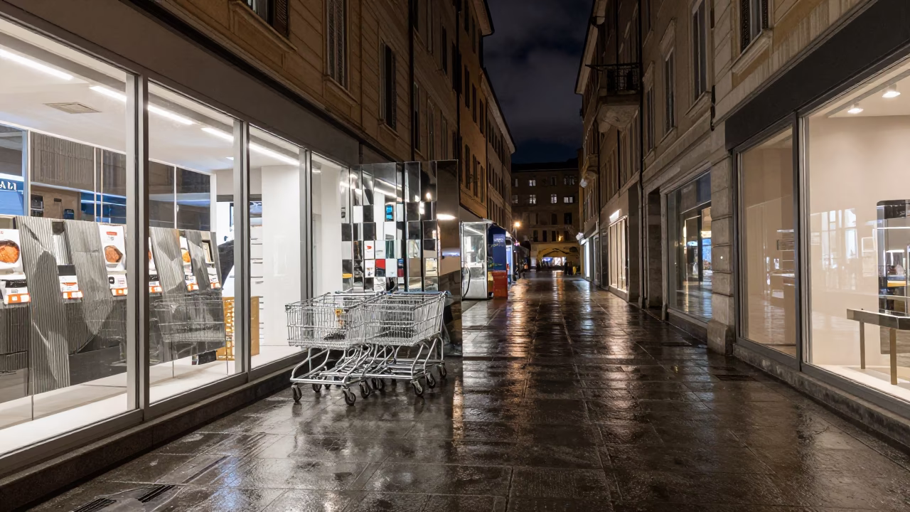 Wet Genoa Shopping Cart Corral Night in outside display windows on a wet high street in Genoa
