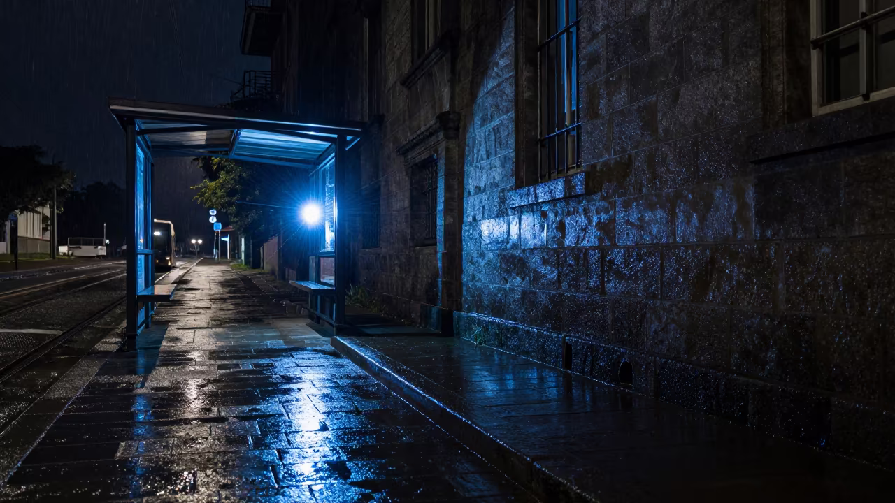 Wet Gitega Alley Reflects Blue Welder Flash in at a tram stop in Gitega