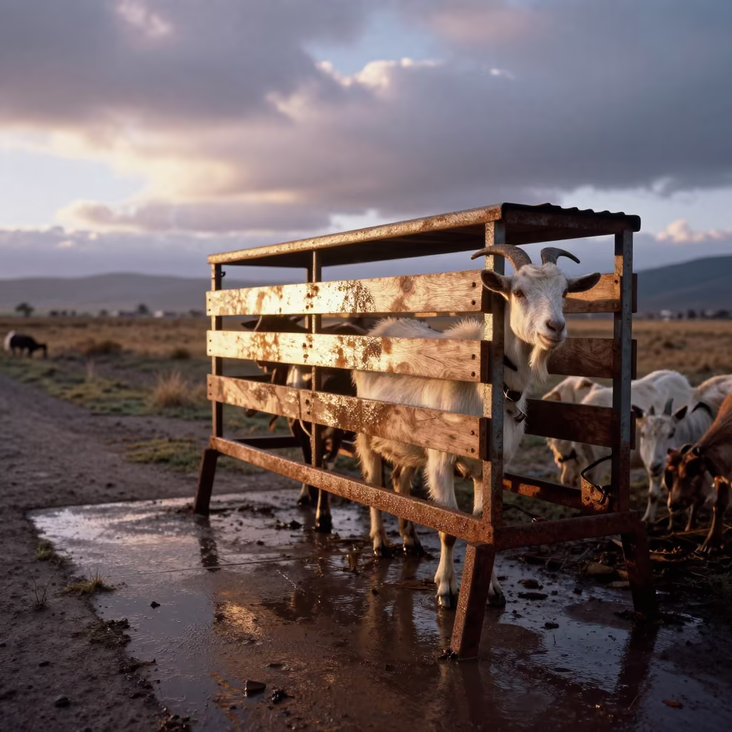 Wet Goat Milking Stand Sunrise Bolivia in along a feedlot lane in Bolivia