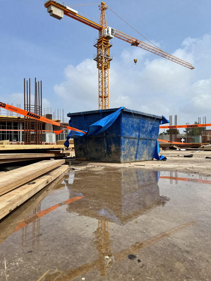 Wet Ground Reflections Under Guyana Tower Crane in beneath a tower crane on open ground in Guyana