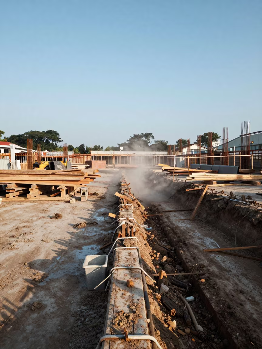 Wet Ground Reflections at Singapore Construction Site in inside a taped-off excavation edge near Singapore
