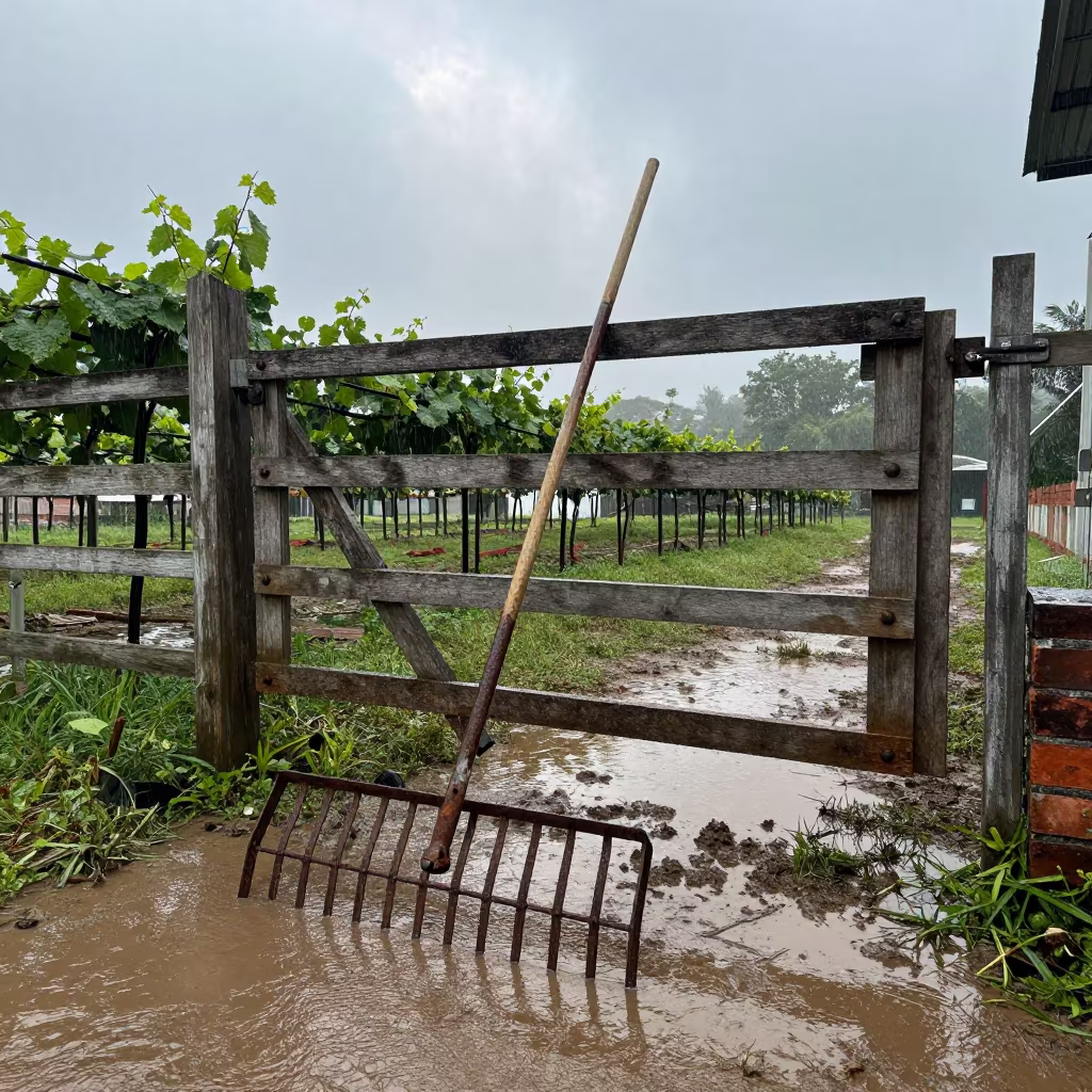 Wet Hay Rake in Monsoon Vineyard Brickfields in between vineyard trellises near Brickfields, Kuala Lumpur