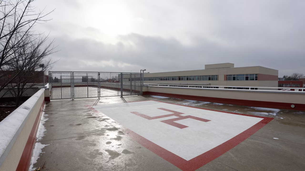 Wet Helipad After Sleet Under Noon Light Sarh in outside a trauma wing helipad gate near Sarh