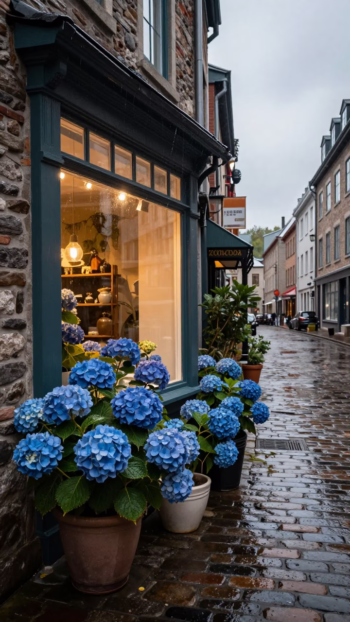 Wet Hydrangeas in Quebec City in in Quebec City, Quebec, Canada