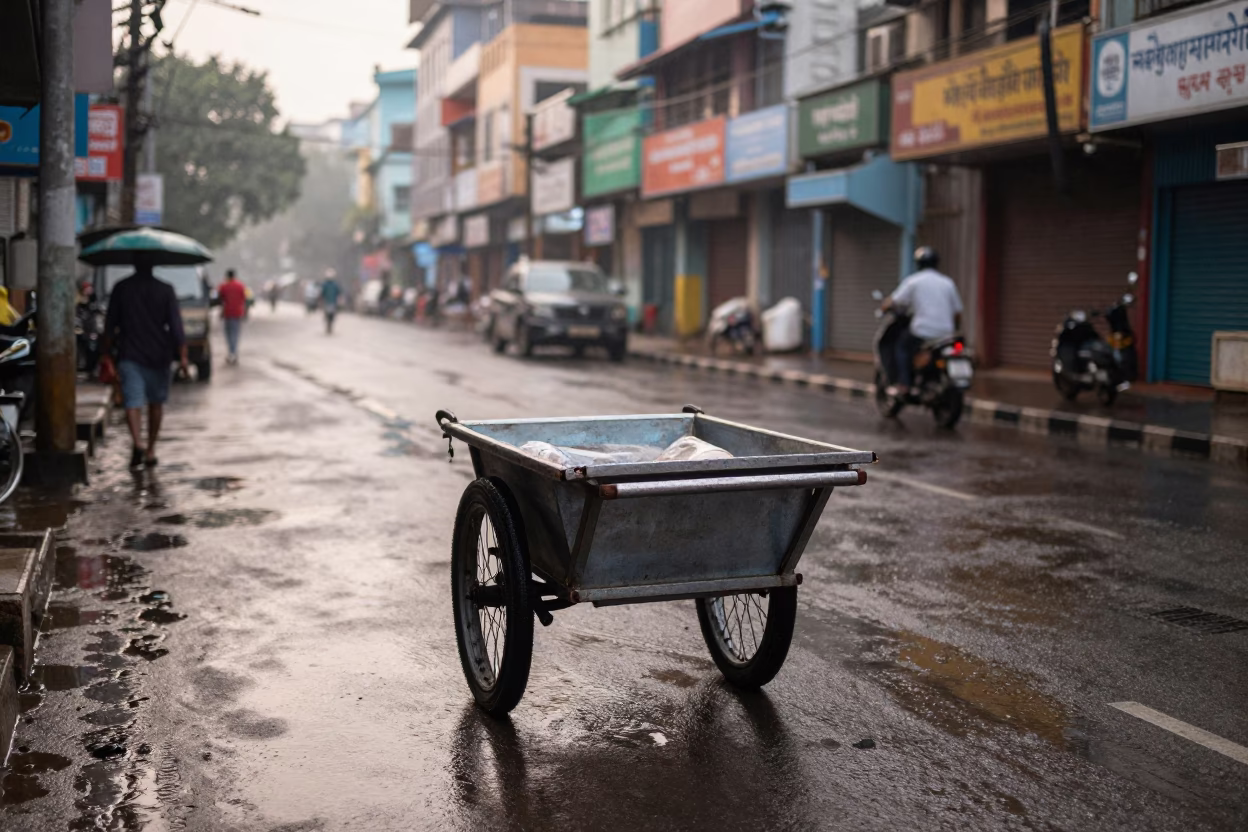 Wet Kolkata Street Vendor Rolling Cart in First Light After Rain in in Kolkata, India