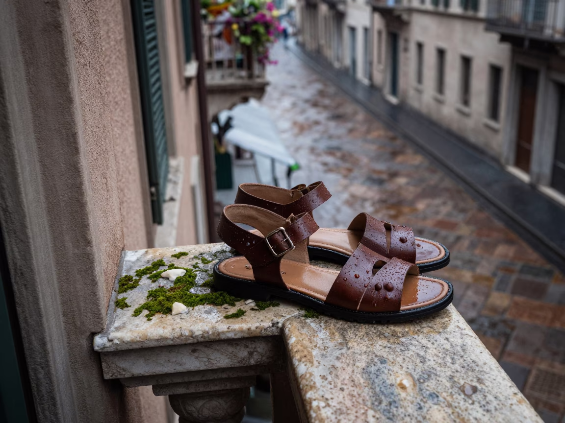 Wet Leather Sandals in Milan in in Milan, Italy