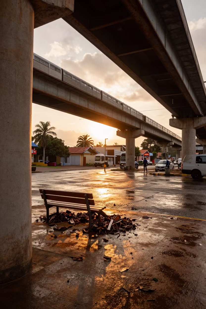 Wet Leaves and Broken Bench Under Train in under an elevated train line in Rufisque