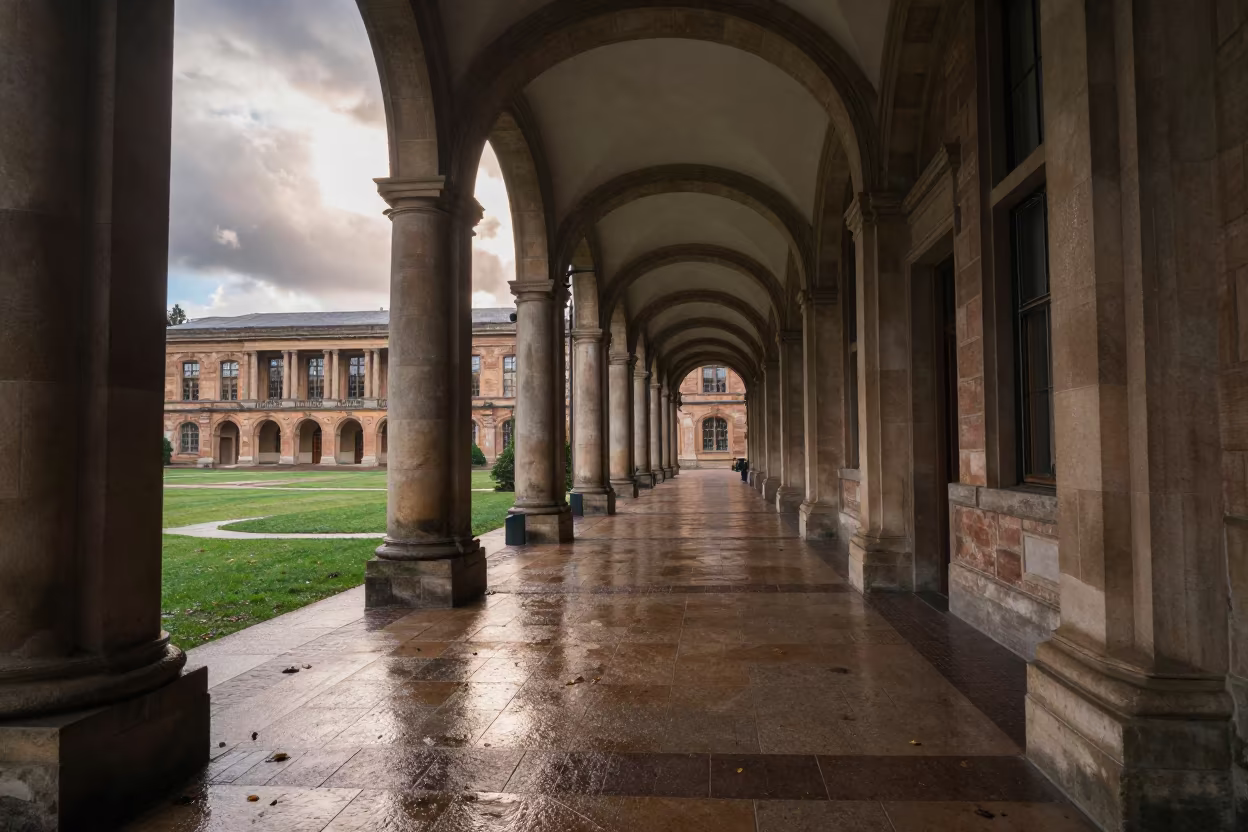 Wet Leaves Skittering in Duran University Arcade in in a lecture hall before the crowd arrives in Durán