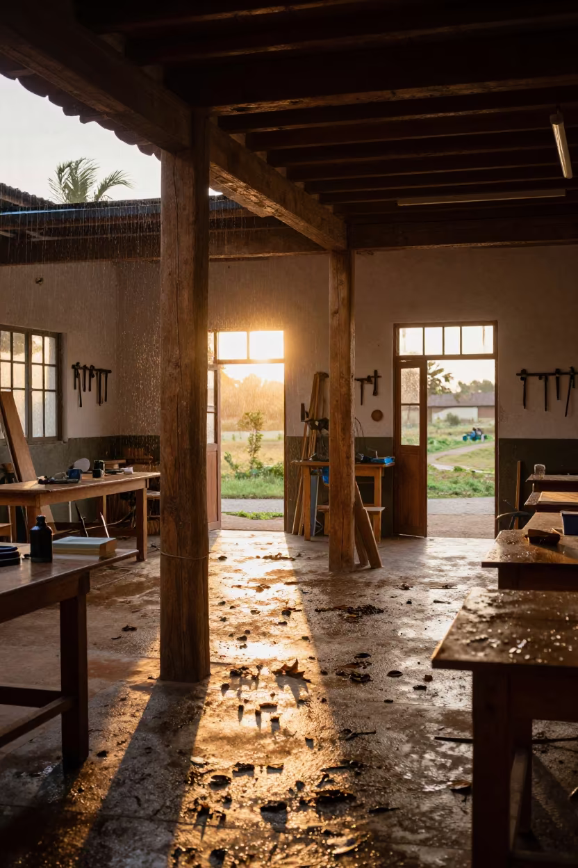 Wet Leaves Skittering in Touba Woodshop Classroom in in a woodshop classroom in Touba