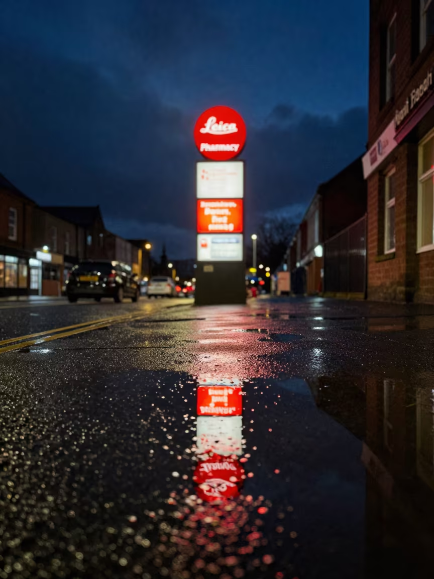 Wet Leeds Pavement Under Flickering Neon Pharmacy in outside a late-night pharmacy on a wet street in Leeds