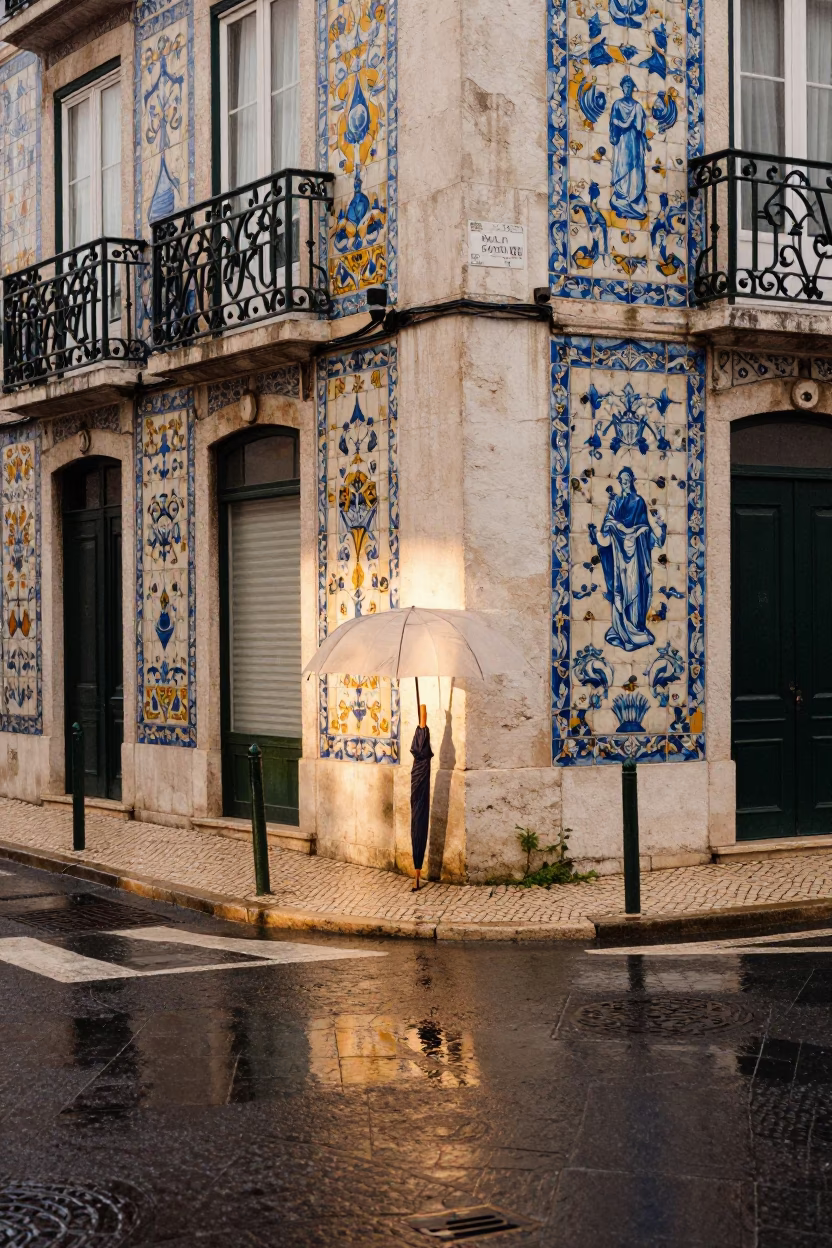 Wet Lisbon Street Corner After Rain With Umbrellas And Colorful Tiles in in Lisbon, Portugal