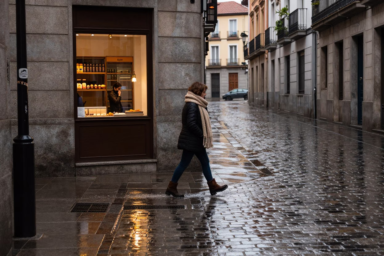 Wet Madrid Street Corner First Light After Rain Reflecting Local Life in in Madrid, Spain