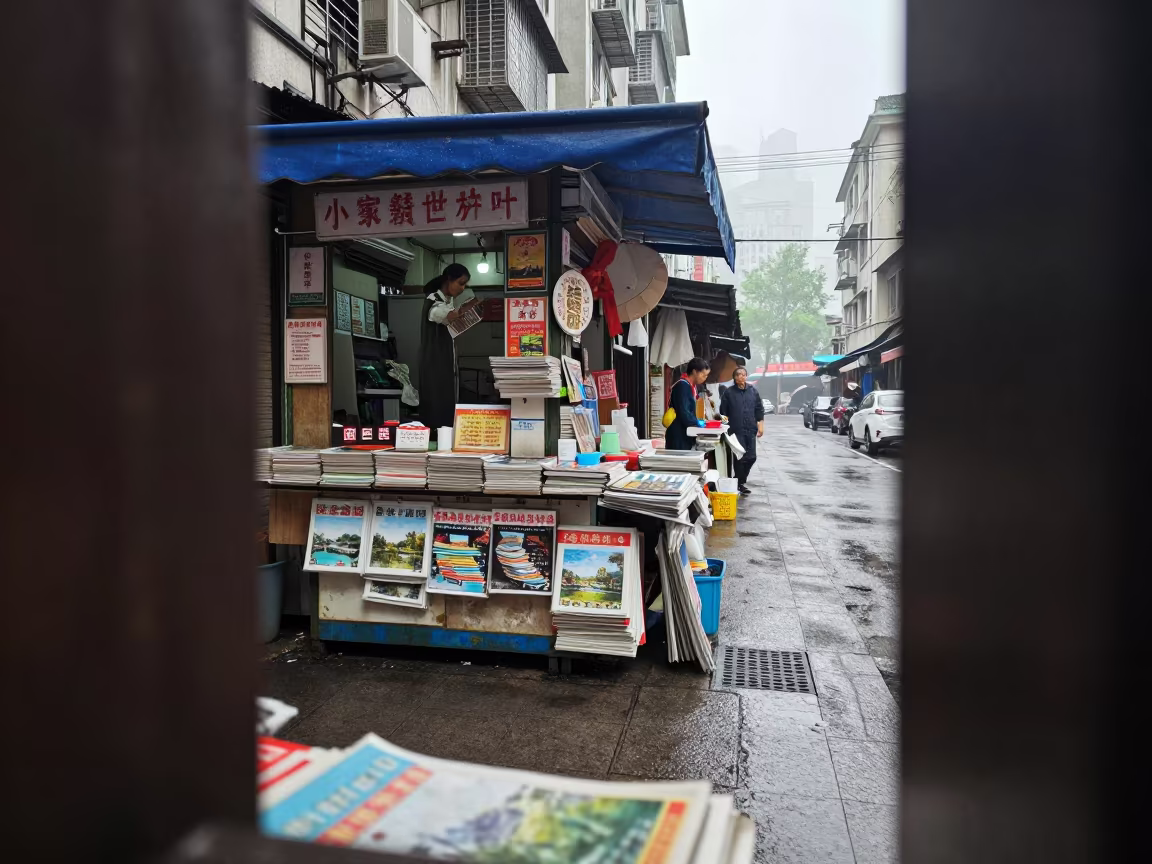 Wet Magazines Under Tarp at Chongqing Dawn in along a market-lined side street in Chongqing