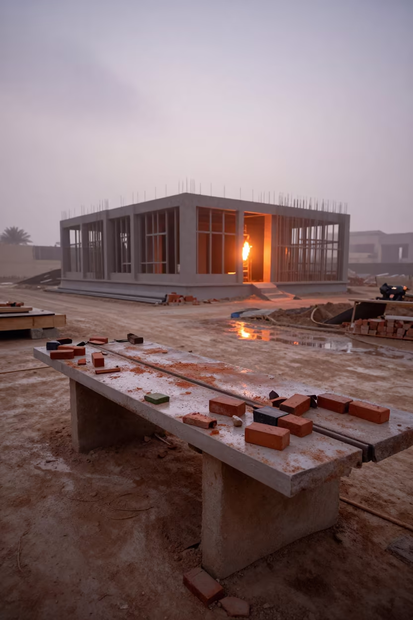 Wet Masonry Saw Table Before Dusk UAE in beside a framed building shell in United Arab Emirates