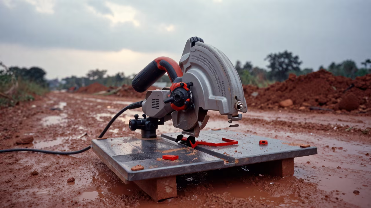 Wet Masonry Saw Table on Muddy Road in at a muddy site access road in Jharkhand